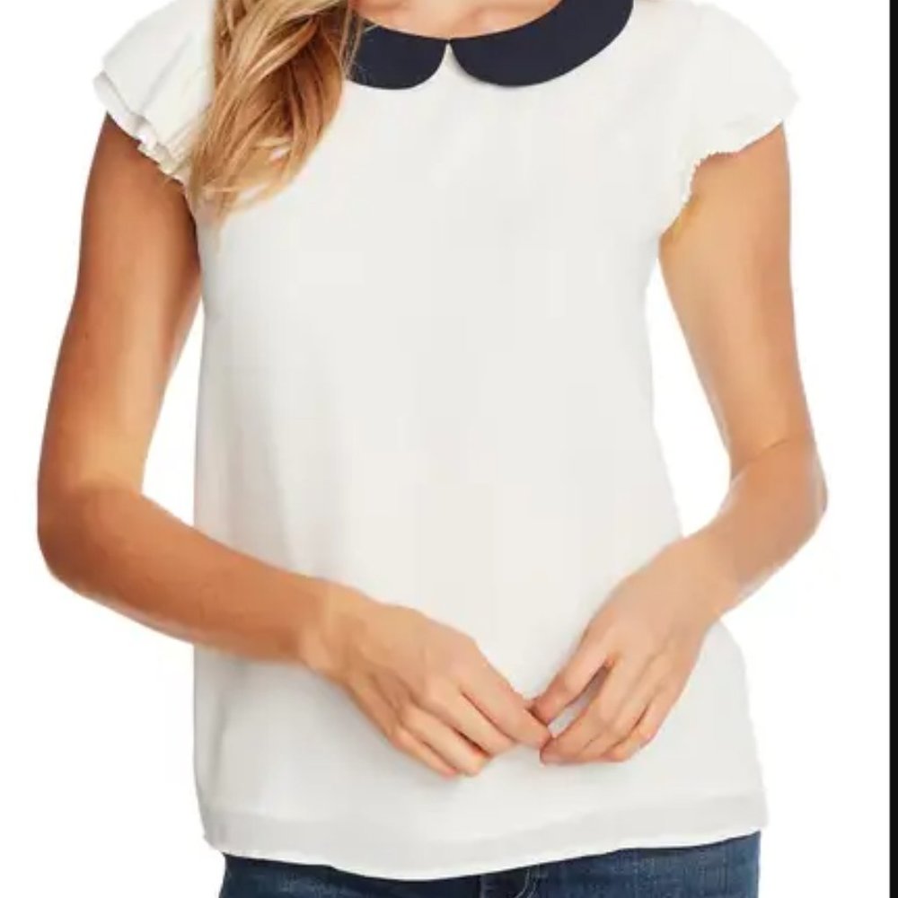 Cece collared pleated cap sleeve blouse, Large
